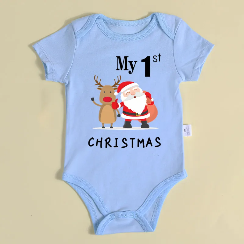 Mein 1. Weihnachten Weihnachtsmann-Elch-Print Neugeborenen-Strampler mit kurzen Ärmeln, süßer roter Baumwoll-Baby-Body für Jungen und Mädchen – Detail 6