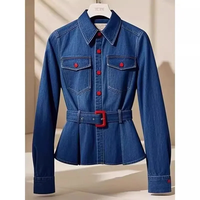 

Women's Denim Blouse Top Fashion Design Belt Denim Shirt Blue Polo Collar Waist Cinching Denim Jacket Spring Autumn Clothing
