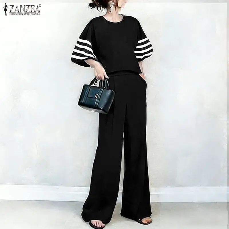 Fashion Summer Pant Sets 2026 ZANZEA Women Striped Tracksuit Outfits 3/4 Lantern Sleeve Blouse Wide Leg Trousers 2 Pieces Sets
