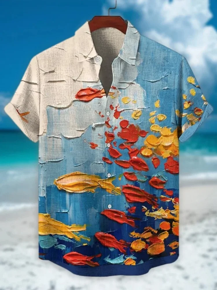 

Мужская повседневная рубашка с рисунком рыбы и принтом в стиле ретро в китайском стиле, однобортные летние блузки с короткими рукавами, 2025 шикарная мужская одежда