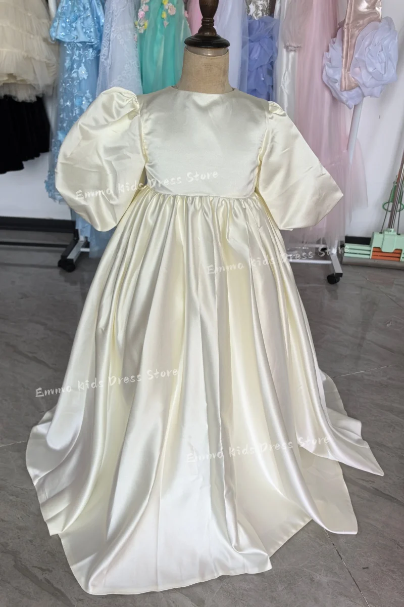 

Customized Bridesmaid Ivory Flower Girl Dress Wedding for Puffy Half Sleeves Satin Kids Birthday First Communion Ball Gown