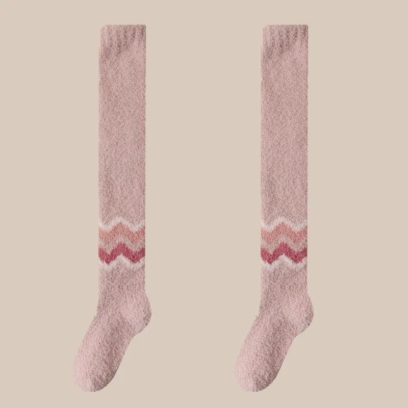 Sleeping Knee Socks Coral Fleece Winter Leg Warmers Women Cute Solid Stockings Candy Color Long Fluffy Thigh High Socks Striped