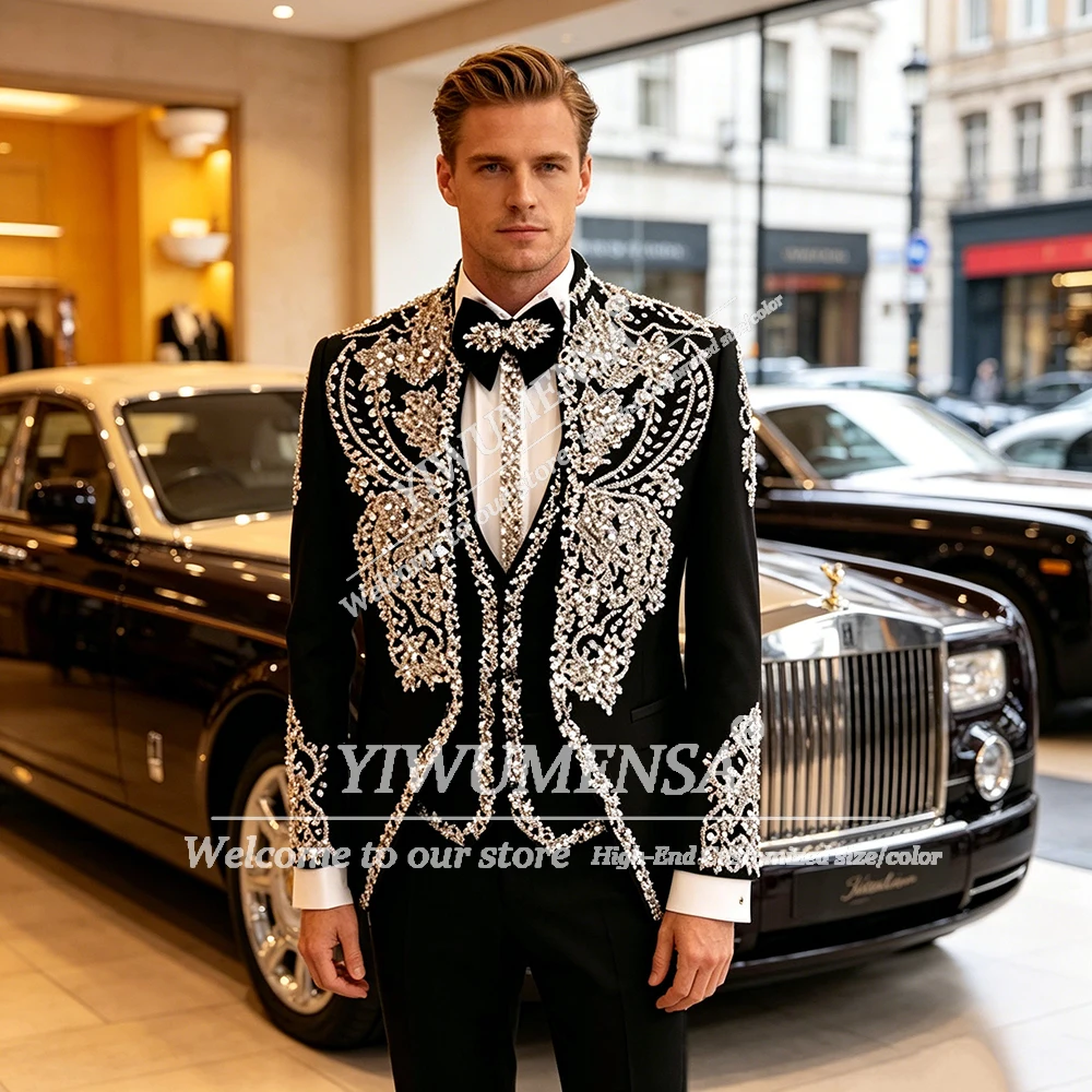 

Customized Suit Men Formal Party Groom Crystals Beads Stones Prom Blazer 3 Piece Sets Man Banquet Tuxedos Slim Fit Male Outfits