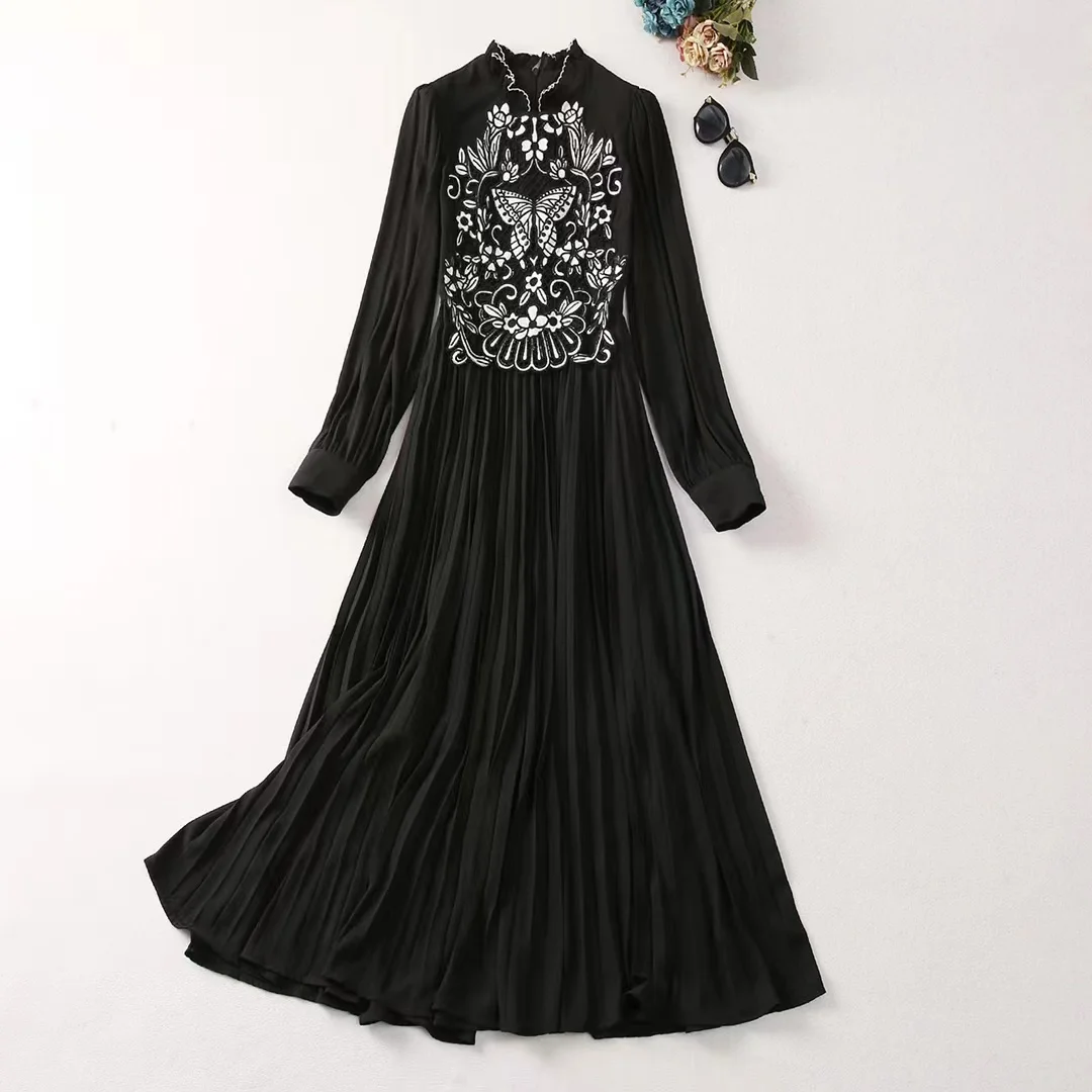 

European and American women's clothes 2024 spring new Stand collar Long sleeve butterfly flower embroidery fashion Pleated dress