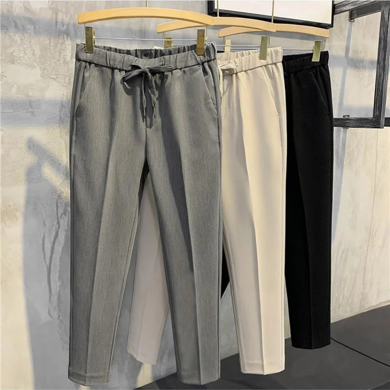 Gmiixer Men Summer Suit Pants Elegant Sagging Straight Barrel Simple Ankle-length Solid Reousers No Iron Drawstring Casual