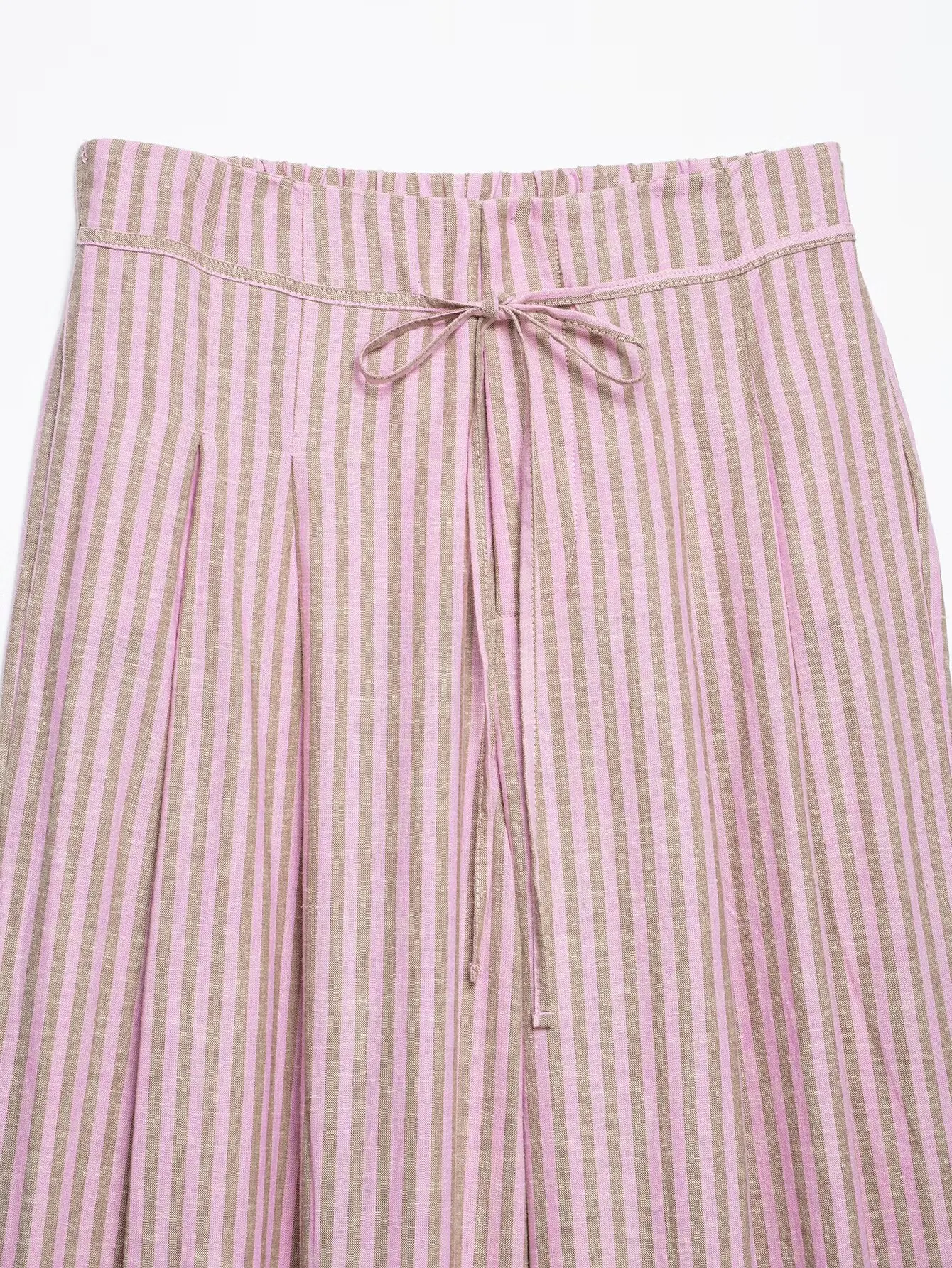 Women's Striped Pants 2026 New Summer Mid-waist Lace Up Pleats Casual Female Fashion Vintage Wide-leg Pants