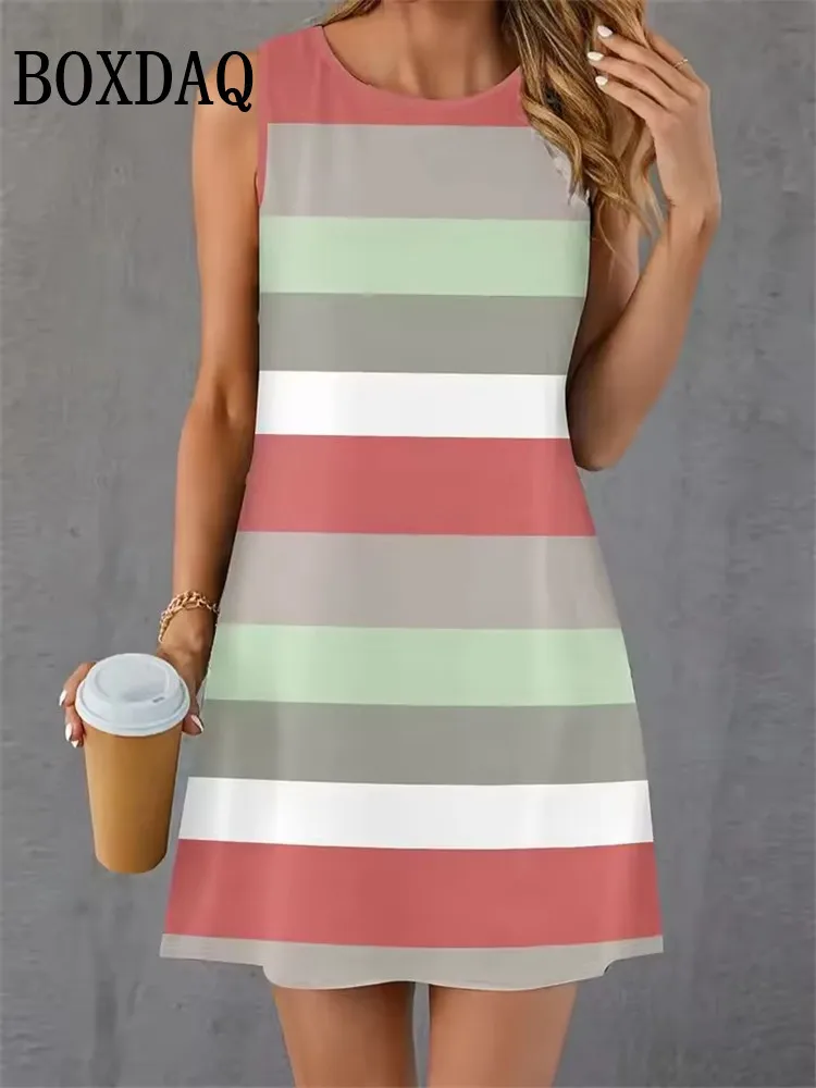Verão feminino casual listrado longo camiseta vestidos sem mangas em torno do pescoço praia solto casual férias curto tanque vestido de verão
