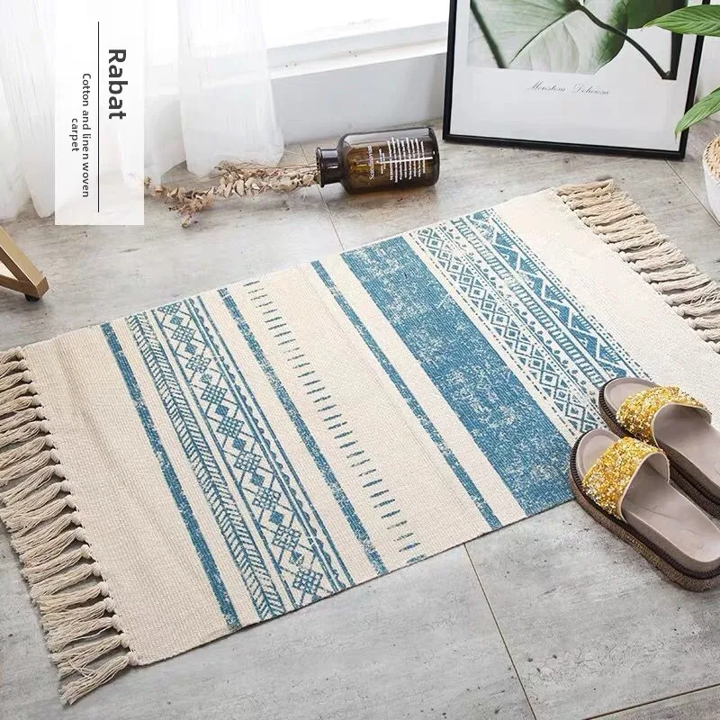 Compact Hand Woven Cotton Linen Blend Rug Cm Fringe Kg Rectangular X Floor Mat Bedroom Tatami Living Room
