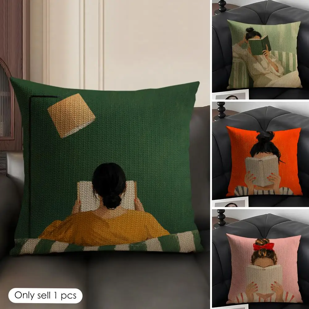 Abstract Reading Woman Cushion Cover Breathable Linen Organic Fabric Double-Sided Printing Sofa Pillow Case Home Decor
