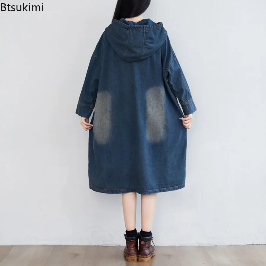 Spring Autumn New Women's Vintage Denim Hooded Long Dress Loose Casual Big Pockets Hoodies Women Sweatshirts Hip Hop Streetwear