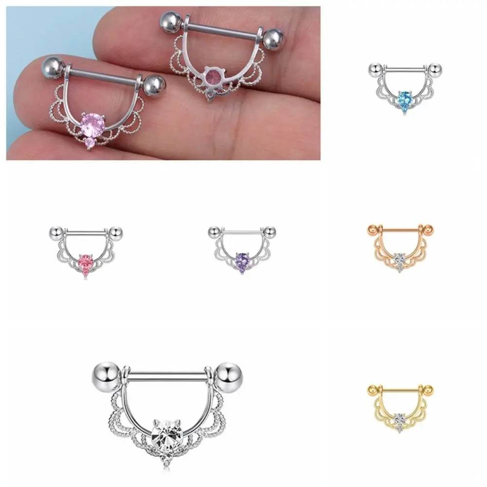 Barbell Zircon U-shaped Nipple Ring Rhinestone Half Round Stainless Steel Geometric Piercing Daily