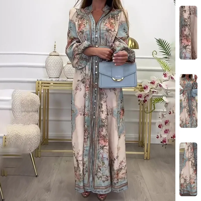 

2026 Summer New Women's Long Dress with Retro Printing, Casual and Comfortable Waist Cinching and Large Swing Long Skirt