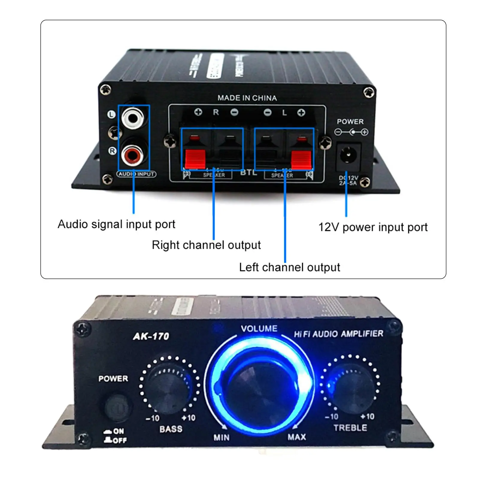 

AK170 мини-автомобильный усилитель мощности портативный DC12V HiFi музыкальный приемник 2 канала 20 Вт + 20 Вт бас высокие частоты регулятор громкости сабвуфер