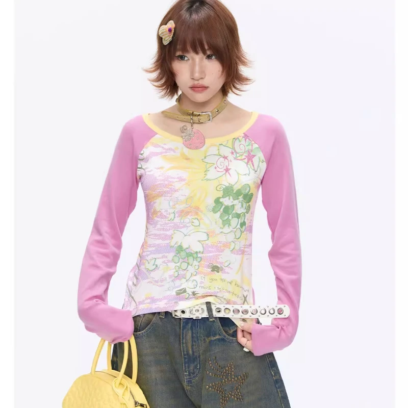 Autumn New Yellow Pink Splicing Round Neck Women's Bottoming Shirt Japanese Design Slimming Versatile Long Sleeve T-Shirt Ladies
