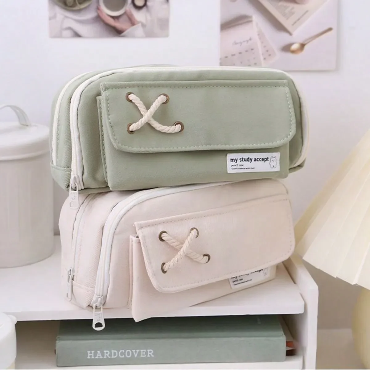 High Capacity Canvas Pencil Case, Solid Color Simple Design Layered Pencil Case, Multi-Purpose And Suitable Stationery Pouch
