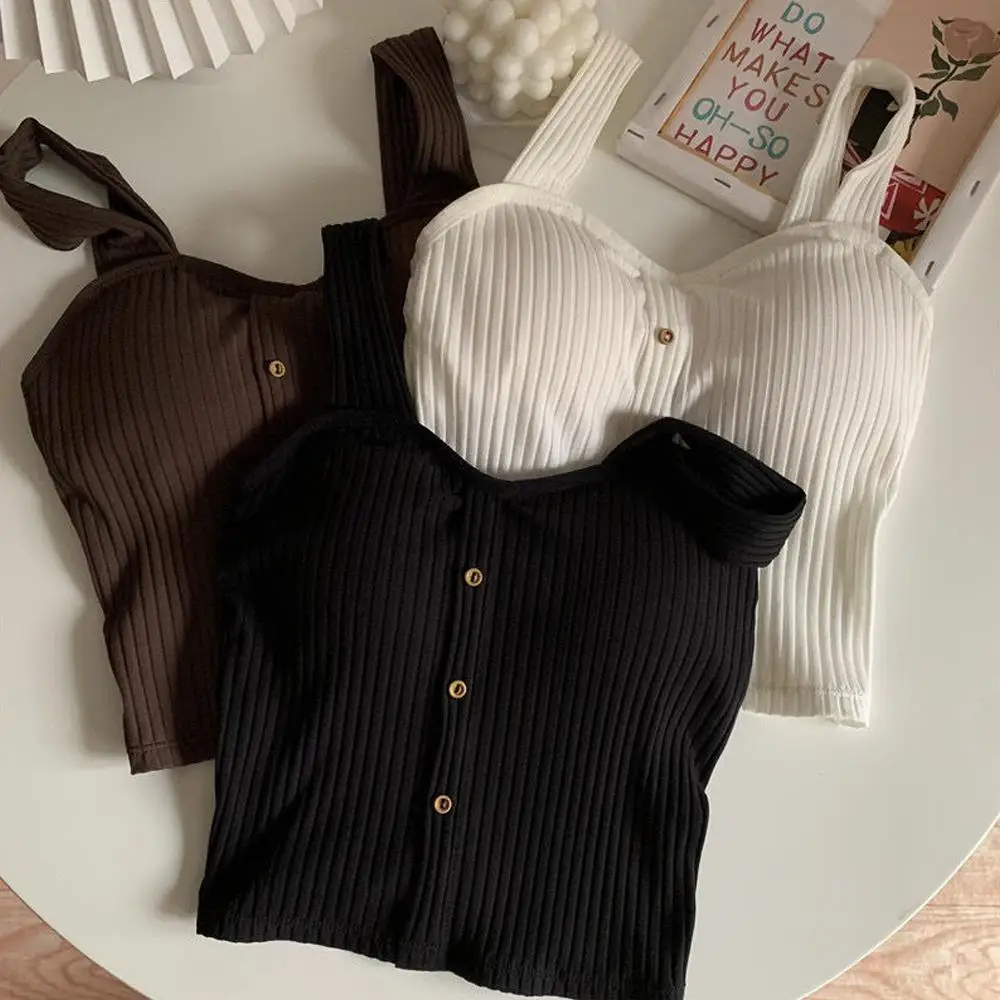 

Summer Ribbed Tank Tops Y2K Cropped Tops with Bra Pads Women Knitted Button Down Suspenders Vest Sexy Camisole Female Short Tops