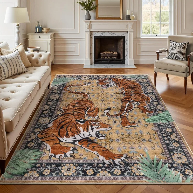Tiger Pattern Snake Print Living Room Carpet Large Area Sofa Rugoldable Machine Washable Bedroom Bedside Non-slip Soft Floor Mat
