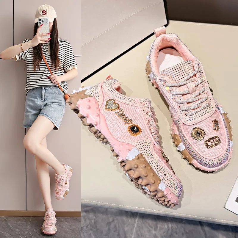 Pink Women's 2026 Spring New Diamond-encrusted Niche Design Casual Sneakers