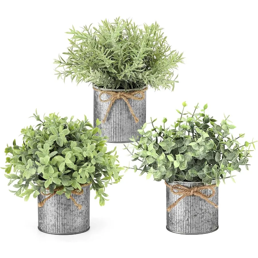 

Small Fake Plants in Farmhouse Galvanized Metal Pots 3 Pack Potted Artificial Plant Eucalyptus for Laundry Room Bathroom Shelf
