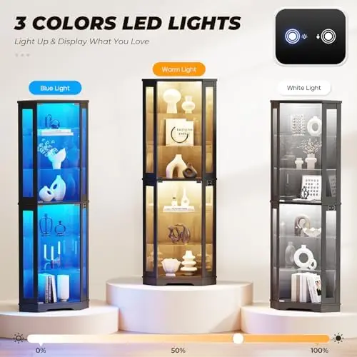 71" Corner Display Cabinet with Glass Doors, 6 Tier Curio Cabinet with 3 LED Lights & Glass Shelves, Human Body Sensor view 3