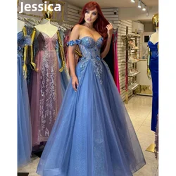 Jessica-Vestidos De graduación con purpurina gris-azul, flores 3D, vestido De graduación De tul, ocasiones formales, Vestidos De fiesta, vestido De Noche personalizado