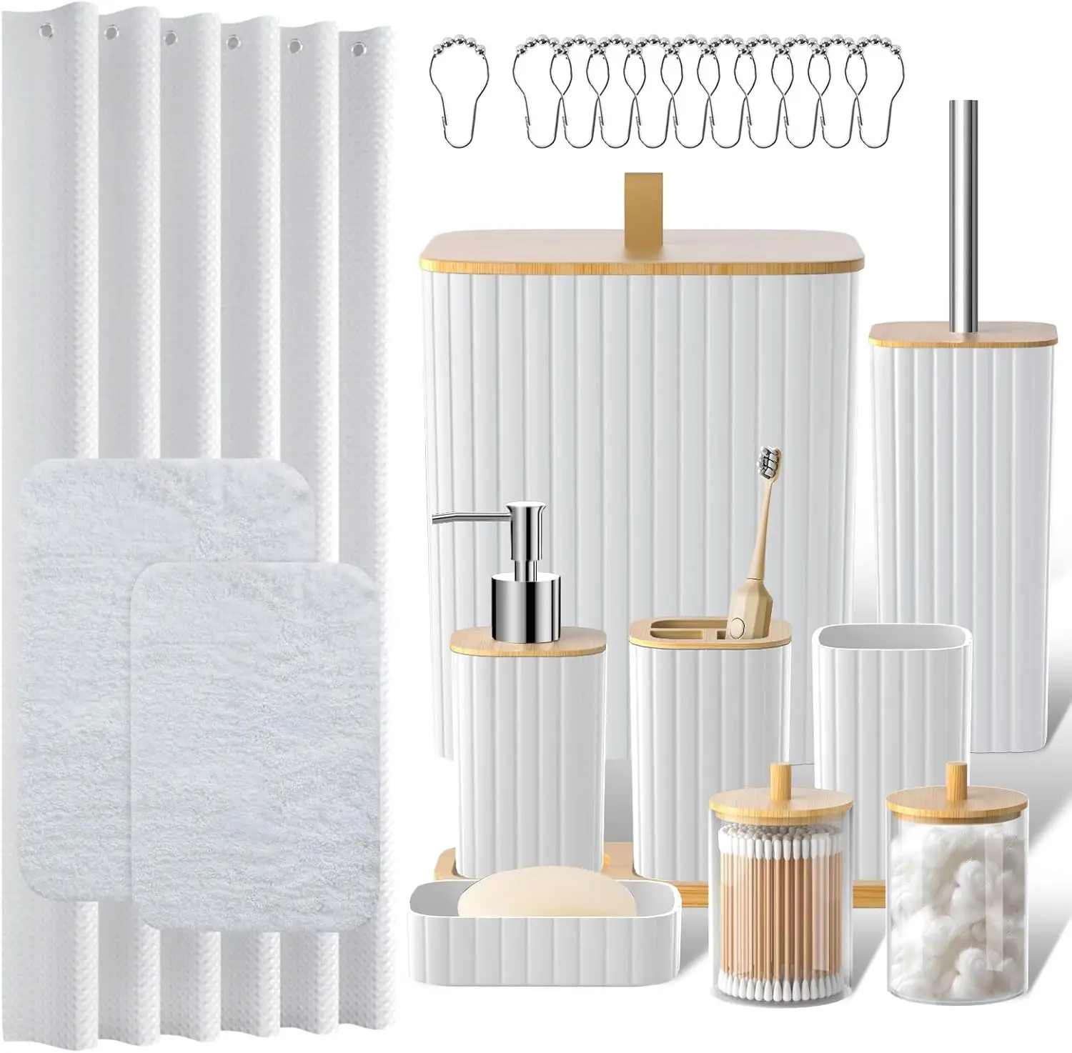 

24PCS Bathroom Set. Shower Curtain, Rugs, Trash Can, Brush Holder, Soap Dispenser. Stylish & Functional. White.