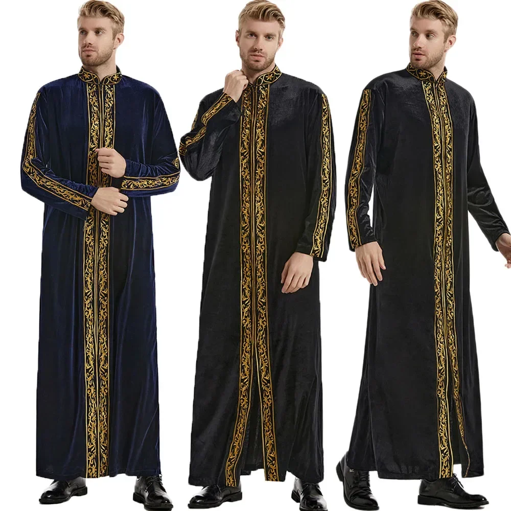 Uomo Jubba Thobe Arabia Saudita Islam Abbigliamento Velluto Ricamo Manica lunga Cerniera Abaya Moda musulmana Caftano Abbigliamento uomo musulmano