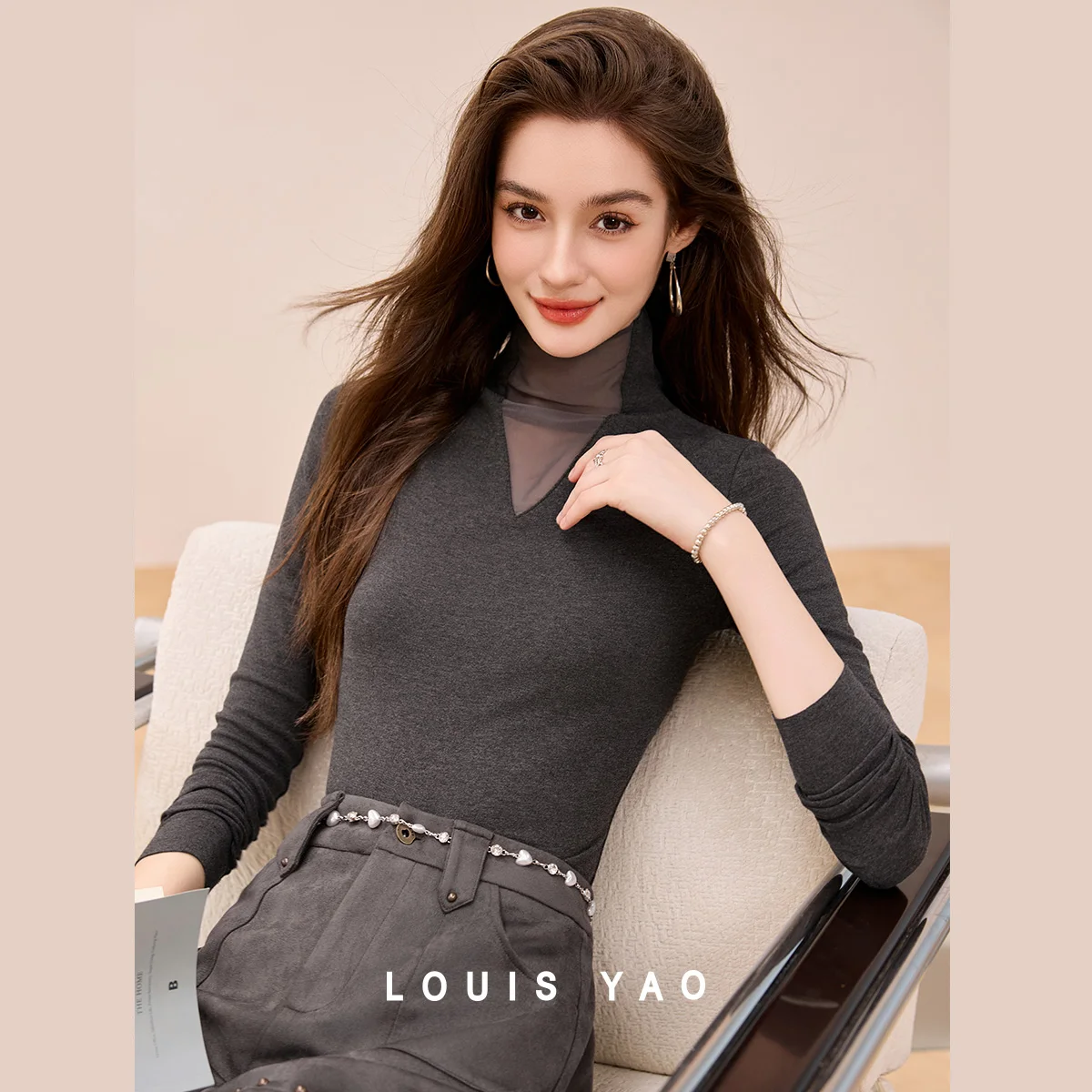 

LOUIS YAO High-Neck Women's T-Shirt 2025 Autumn/Winter Solid-Color Layering Top Outerwear Slim-fit Long-Sleeved Tees