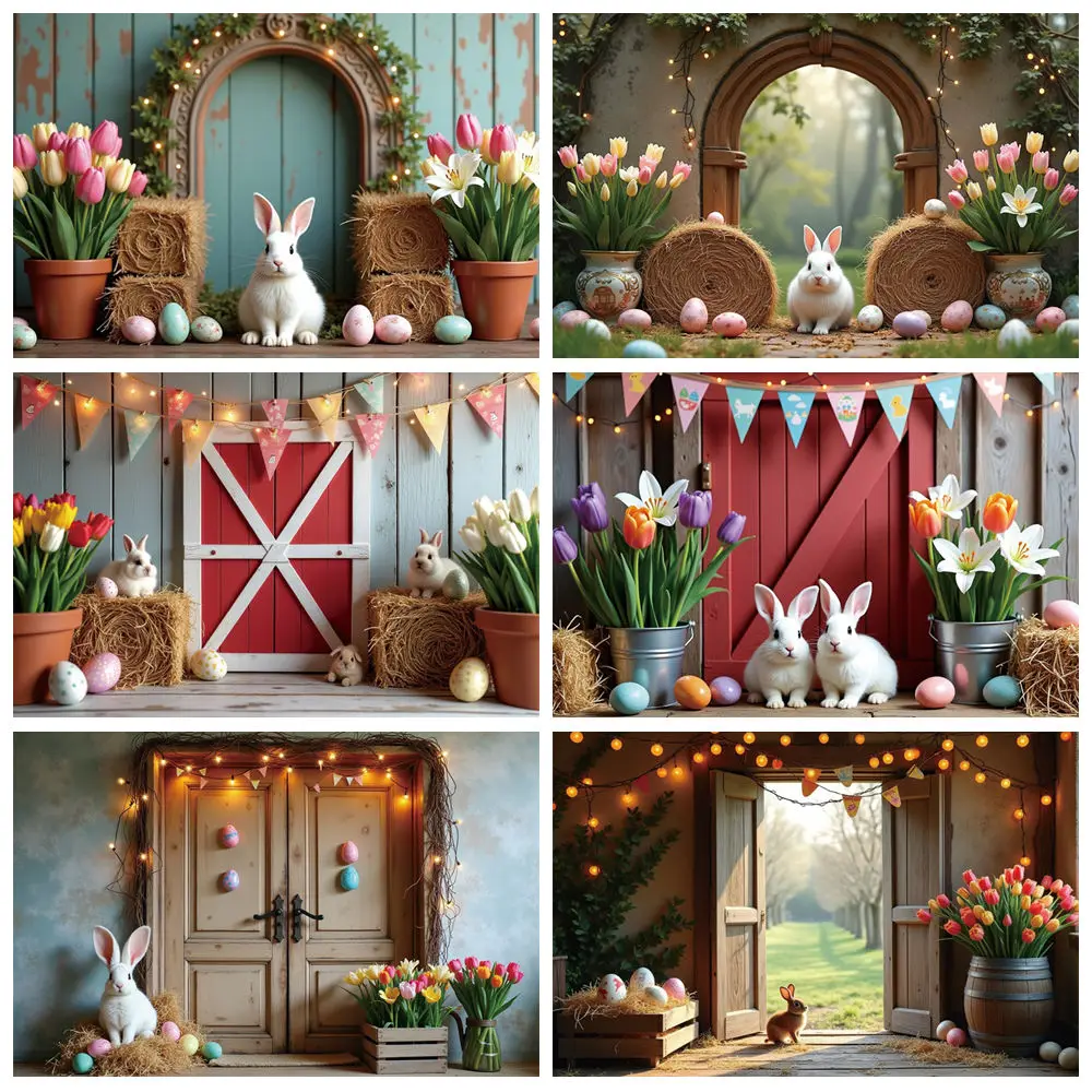 

Bunny Easter Eggs Backdrop Tulip Arch Door Wooden Wall Backdround Children Baby Studio Photography Sets Home Decoration