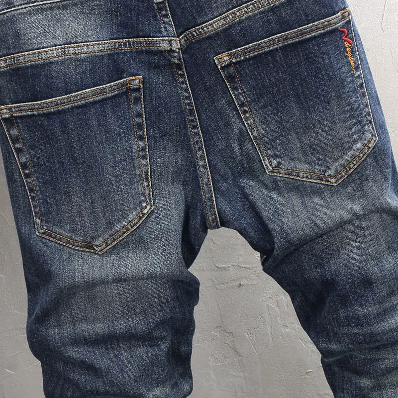 Fashion Designer Men Jeans High Quality Retro Washed Blue Stretch Elastic Slim Fit Vintage Jeans Men Trousers Casual Denim Pants