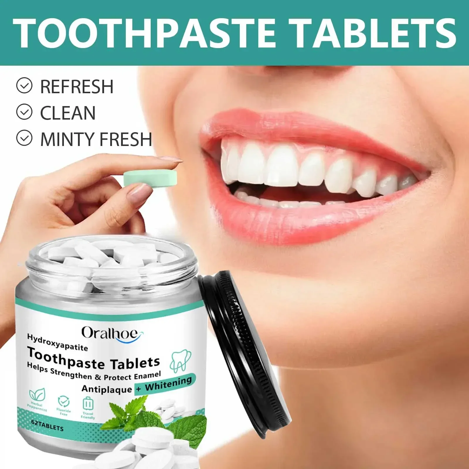 Mint flavored chewable toothpaste tablets improve bad breath, remove smoke stains, and refresh oral hygiene. 62 tablets