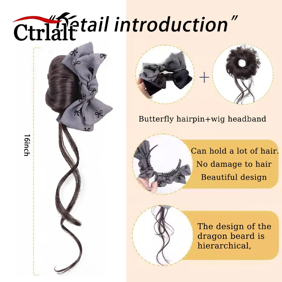 Coque de cabelo sintético com garra, acessórios para cabelo com laço, extensão de cabelo bagunçado, marrom, fofo, para mulheres, uso diário