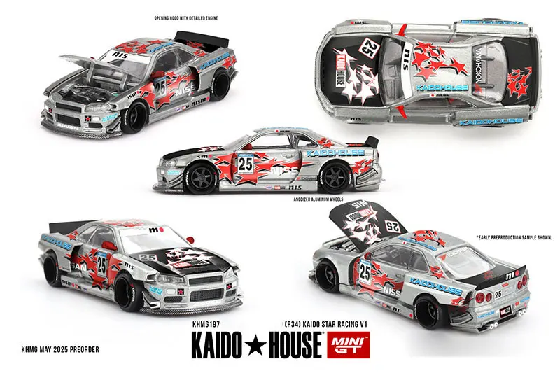 Kaido House x MINI GT 1:64 T1 PICKUP KAIDO WORKS V1 / Skyline R34 Kaido Star Racing V1 Diecast Model Car