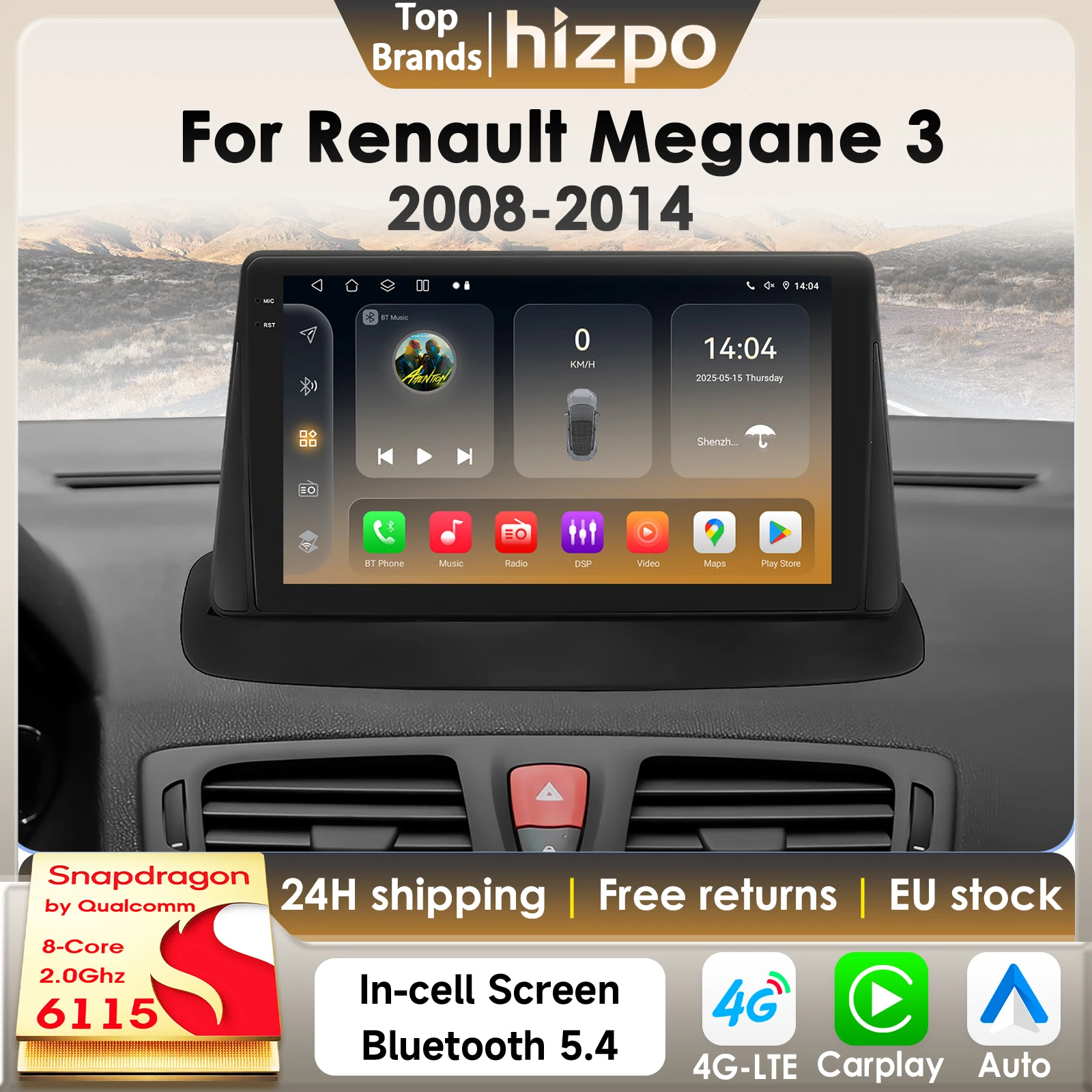 Hizpo 8 Core 2Din Android 14 Autoradio Für Renault Megane 3 2008-2014 AI Auto Multimedia GPS 4G Carplay von Qualcomm Snapdragon6115
