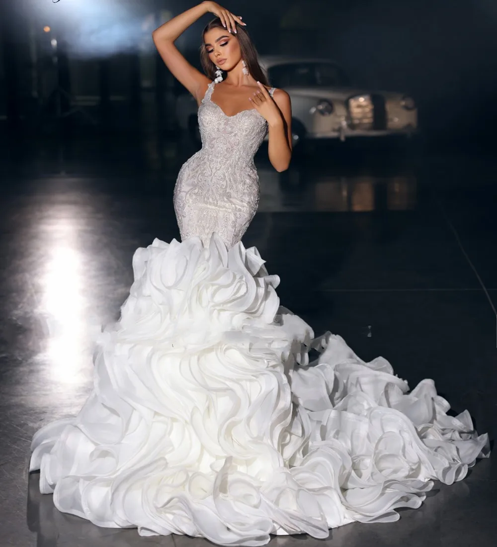 2025 sereia vestido de casamento luxo miçangas bordado rendas em camadas organza trem trompete vestidos de noiva