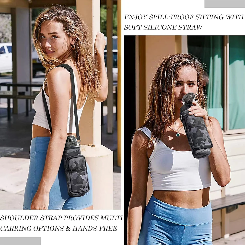 Crossbody Neoprene Carrier Bag Water Bottle Protective Cover Adjustable Strap 2 Pockets Carrying Water Cup Sleeve Outdoor Travel