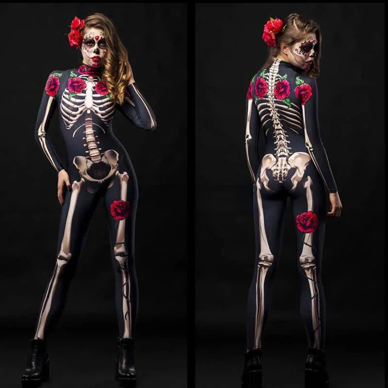 Women Cosplay Skeleton Rose Sexy Bodysuit Halloween Devil Ghost Specter Jumpsuit Romper Party Carnival Performance Scary Costume