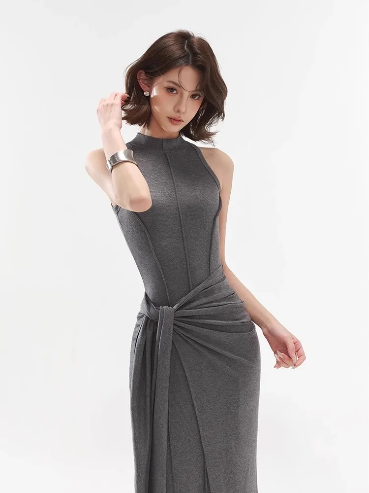 

High End Gray Temperament Modal Vest Dress For Women, Original Design, Fake Two-Piece Hip Hugging Long Skirt