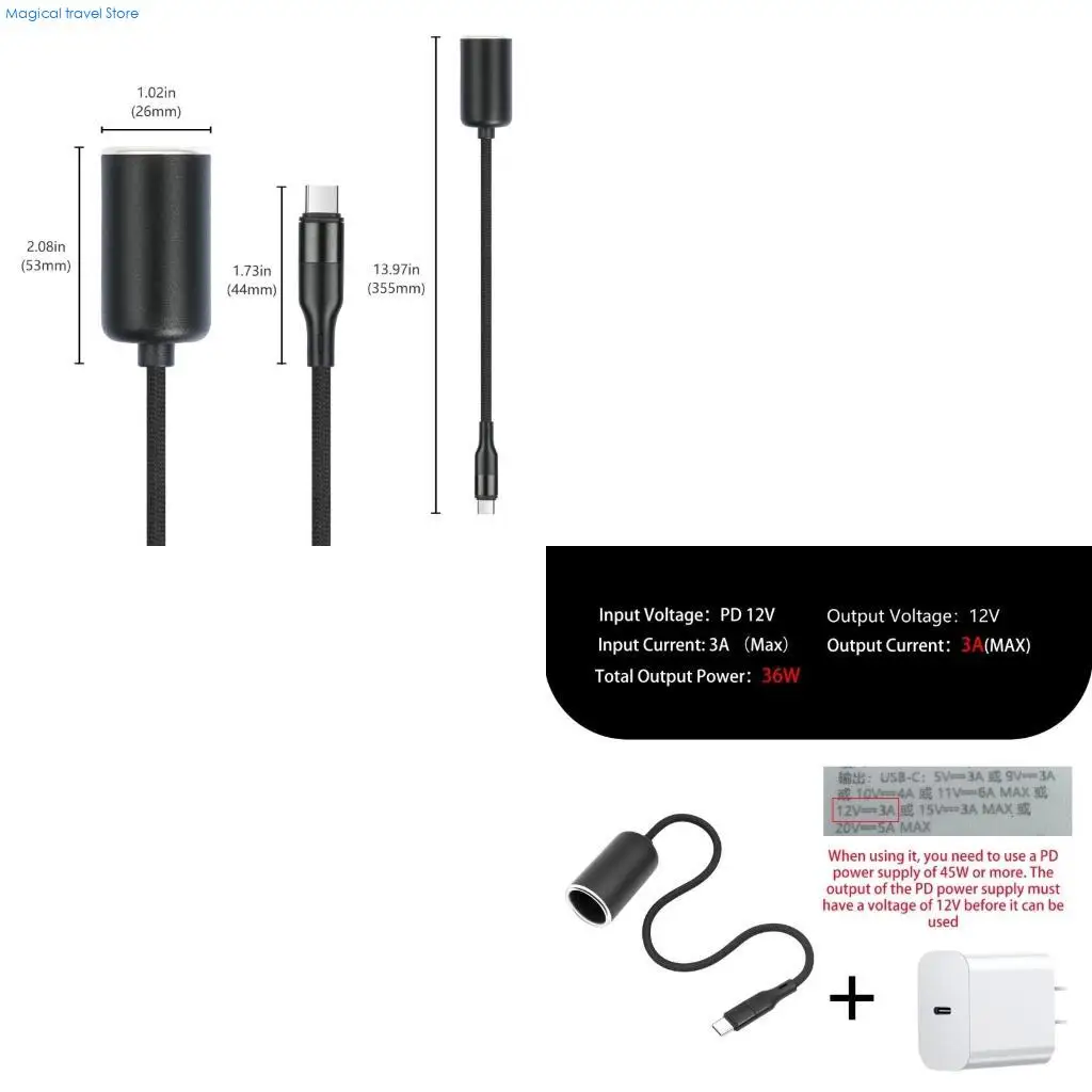 N2UB Type C Male to Car Female Power Outlet Adapter for Dashcams and Units