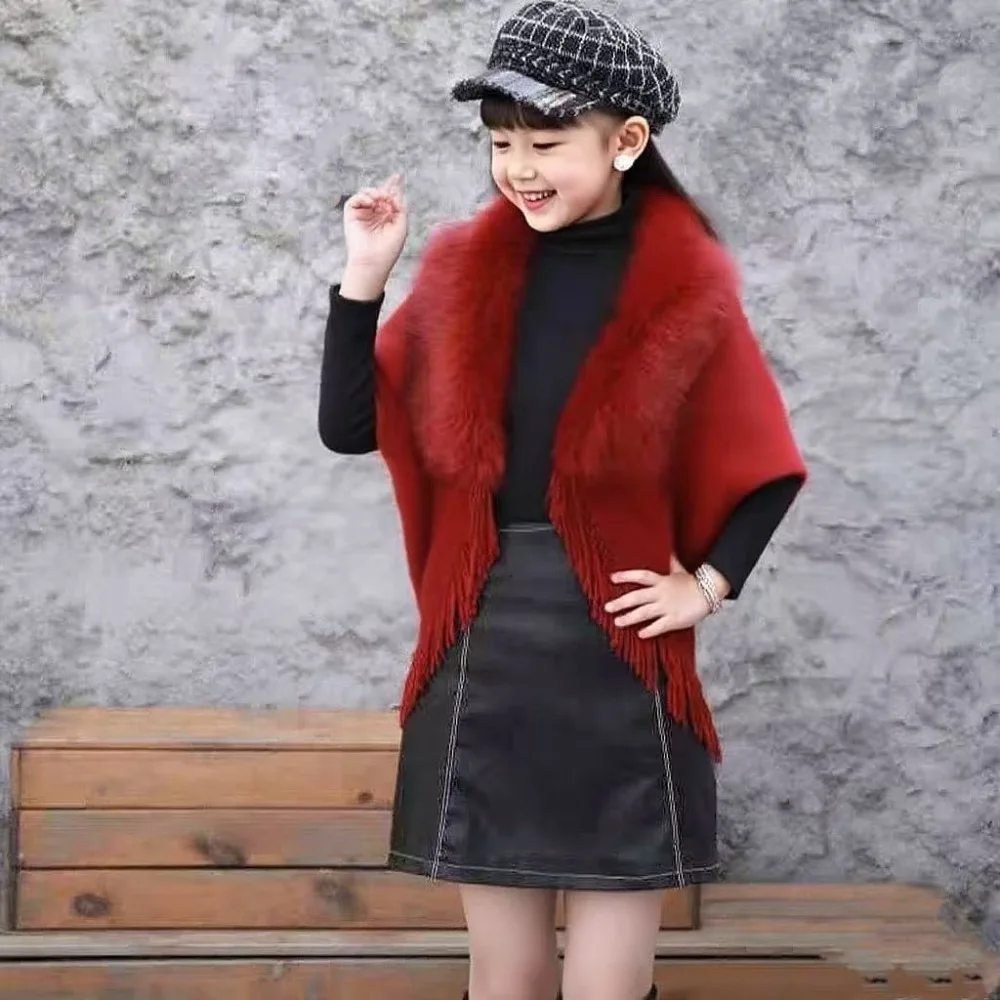 

Fashion Faux Fur Collar ' Mongolian Poncho Winter Warm Ethnic Style Cardigan Tassel Shawl Knitted Cape For