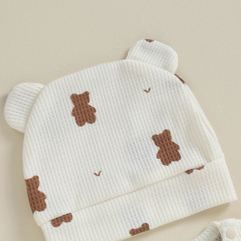 

Baby Girls Boys Rompers Infant Clothes Bear Print Crew Neck Long Sleeve Toddler Fall Bodysuits With Hat