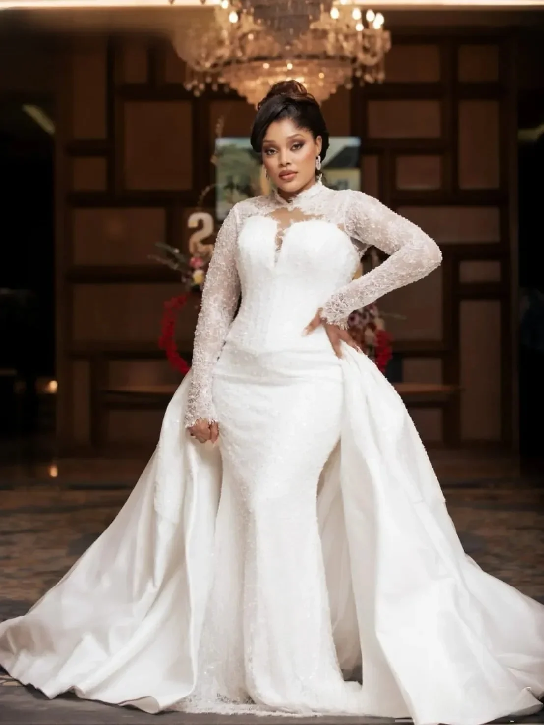 Customized  High Collar Shinny Lace Pearls Mermaid Wedding Dress with Removable Skirt  Plus Size African Long Sleeve Bridal Gown