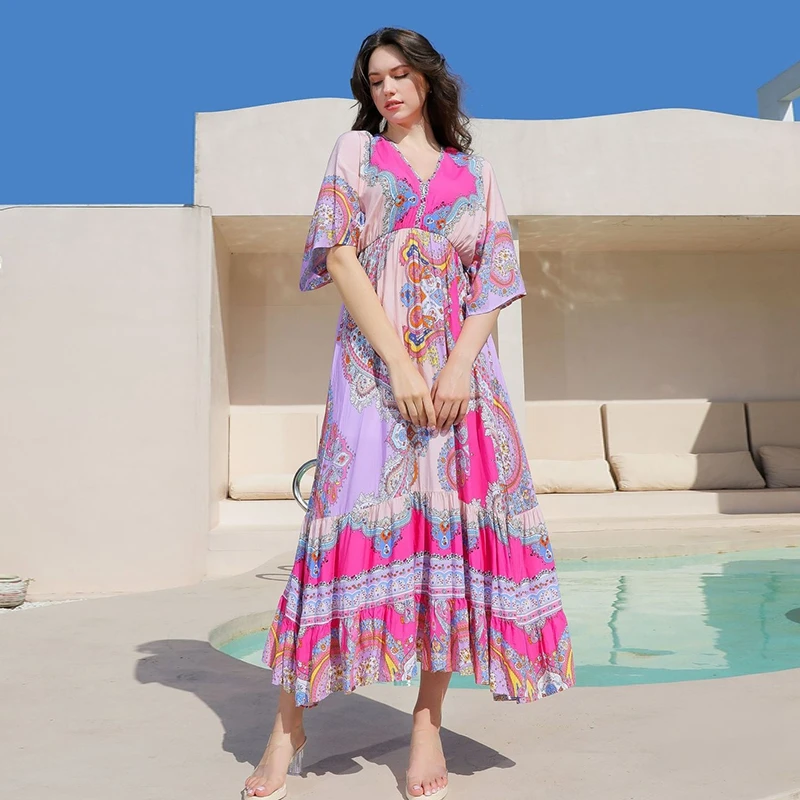 

Enchanting Thai-Inspired Pink Paisley Maxi Dress with V-Neck and Tie Waist Perfect for Dreamy Getaways Exquisite Bohemia Vestido