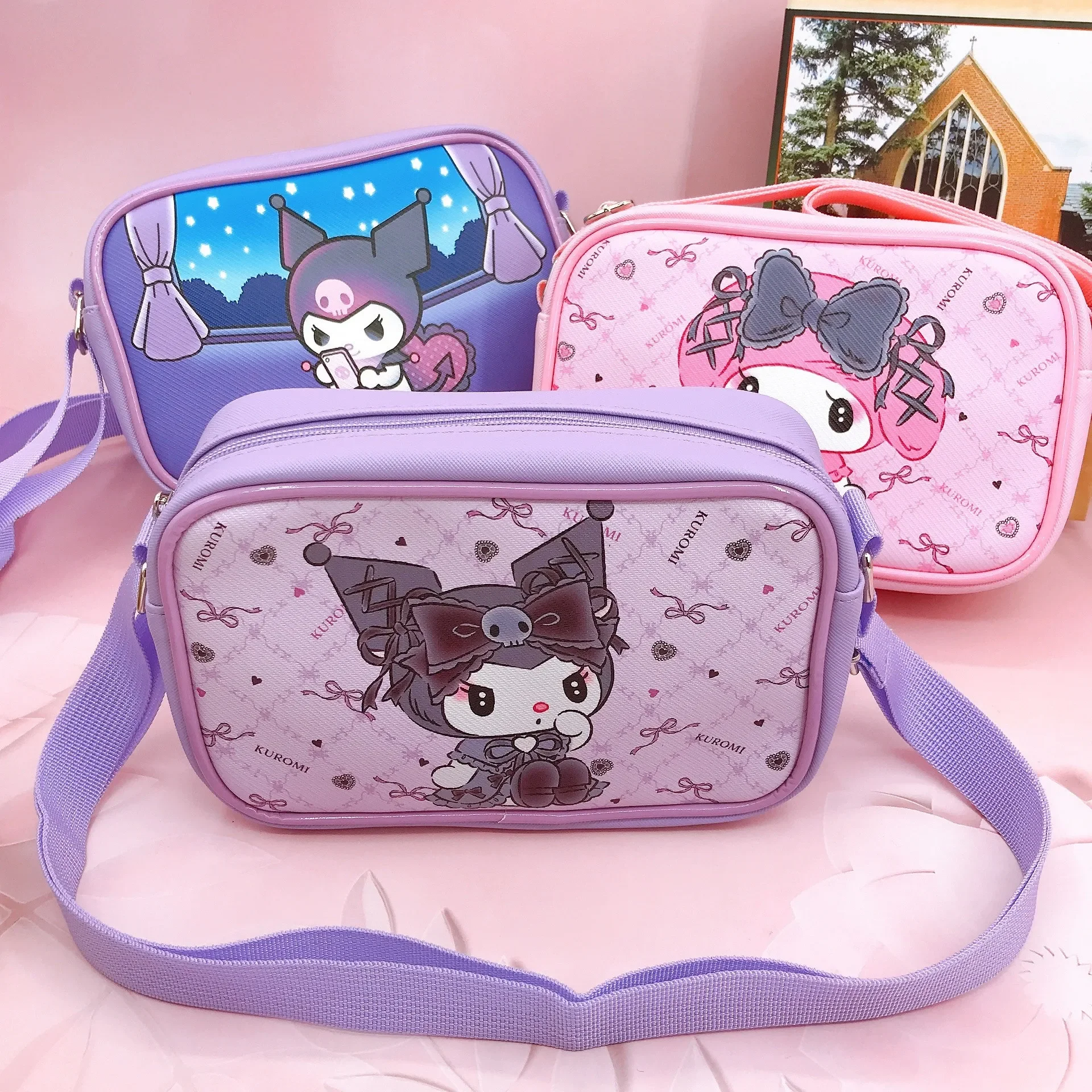 

Sanrio Purses for Girls Cartoon PU Waterproof Crossbody Shoulder Bag Kuromi Square Travel Storage Bag Hello Kitty Message Cases