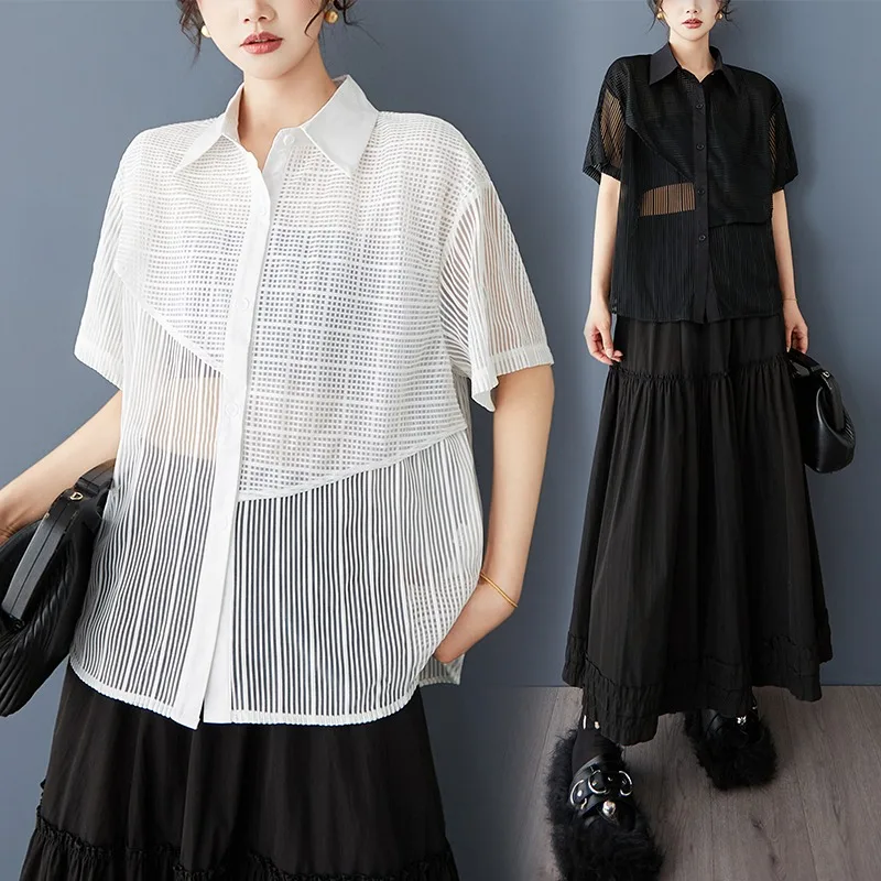 Design de nicho pequeno, moda irregular, camisa de estilo ocidental, textura solta, top versátil casual xadrez