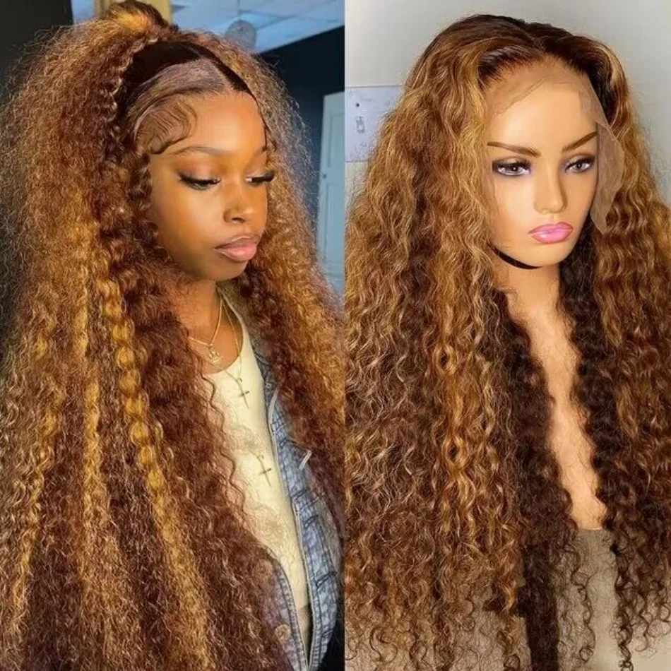 30 40 Inch Highlight Honey Brown Curly Lace Front Human Hair Wigs 13x6 13x4 Ombre Colored Deep Wave Lace Frontal Wig For Women