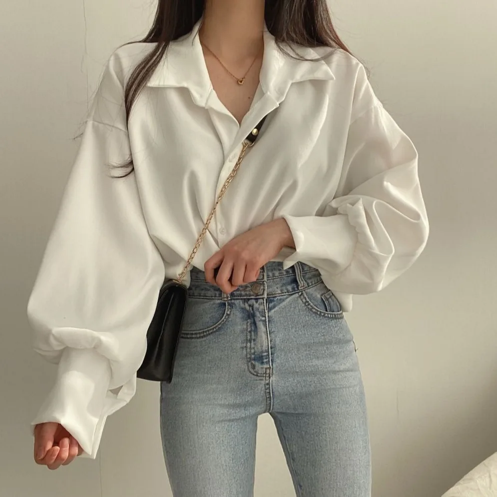 

Loose Long Sve Women's irt Korean Sle Chic Spring Autumn Design Bubble Sve Slimming Top Breathable Comfortable Skin...