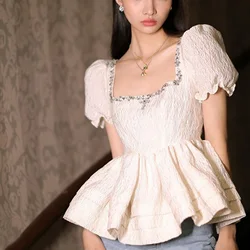 Luxury Diamond Square Neck Bubble Sleeves Wrapped Waist Chiffon Shirt Top Women's Summer Ruffle Edge Pleated Short sleeved Tops