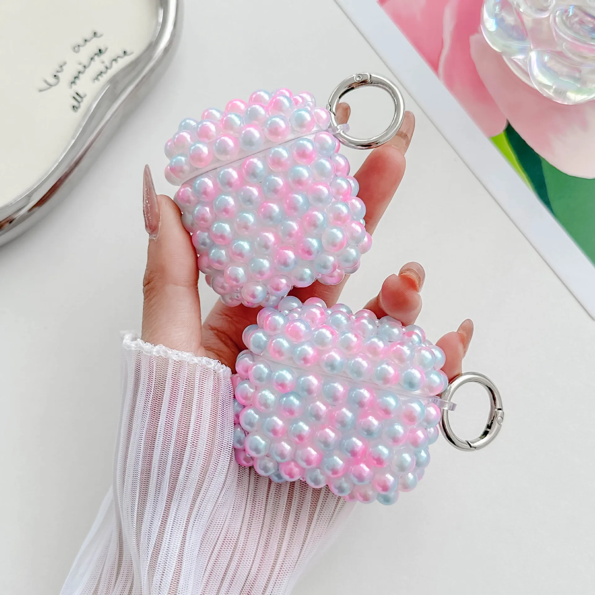 Gradient Aurora 3D Pearl Beads Case For AirPods Pro 2 3 4 1 Colorful Beaded Earbud Cover With Keychain Girl Headphone Protector