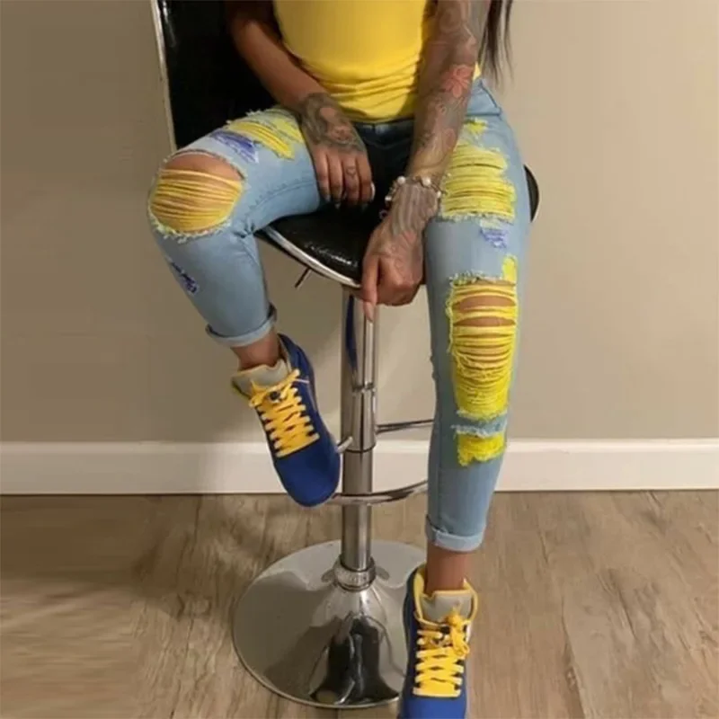 New Ripped Jeans For Women Yellow Scratch Denim Pencil Pants High Waisted Stretch Skinny Hollow Out Sexy Female Jeans Mujer